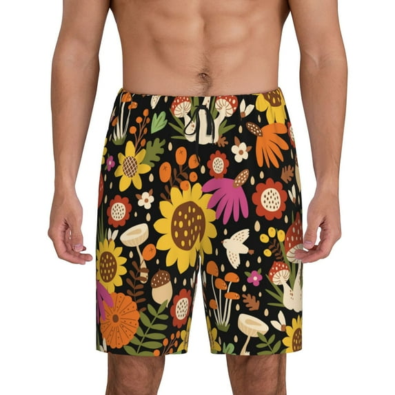 Easygdp Sunflowers Mushrooms Men's Short Pajama Pants, Sleep Shorts, Household Pants, Casual Pants with Pockets - Large