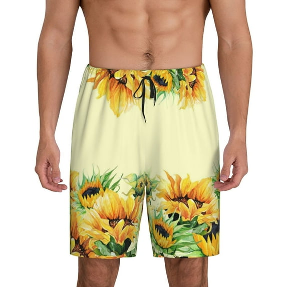 Easygdp Sunflowers On A Yellow Background Men's Short Pajama Pants, Sleep Shorts, Household Pants, Casual Pants with Pockets - 3X-Large