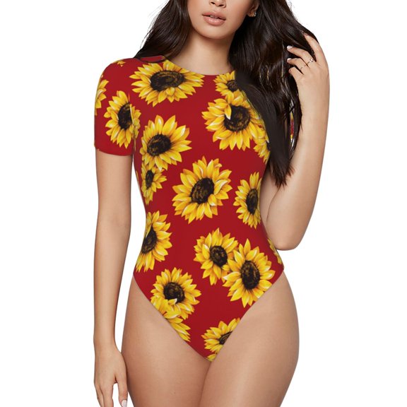 Easygdp Sunflowers On Red Women's One-Piece Swimsuit Slim Fit Crew Neck Bodysuit Athletic Swimwear with Concealed Buckle - Medium