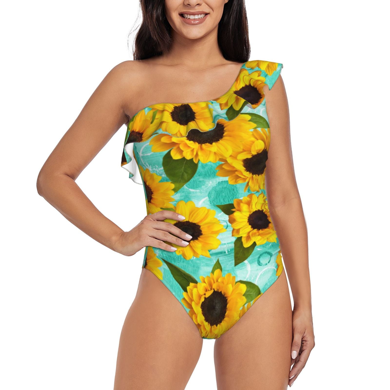 Army Green Ruffle One Piece Solid Ruched Scoop Neckline Backless Classic Monokini