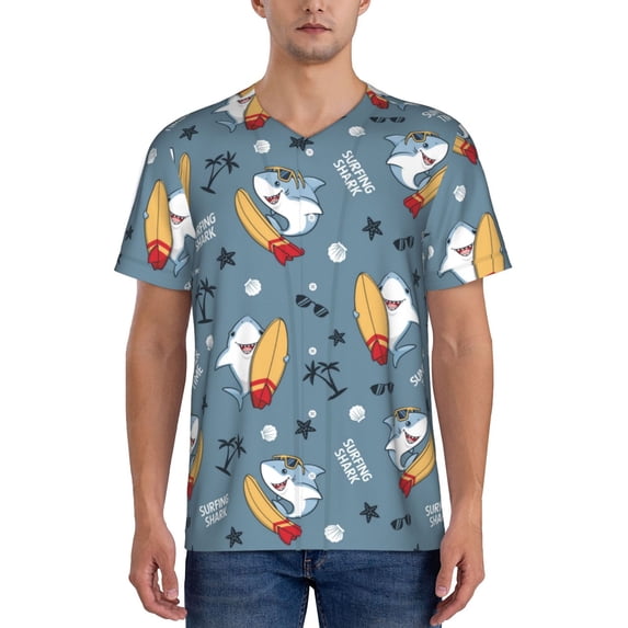 Easygdp Surf Shark Mens T-Shirts Baseball Vintage Fashionable Lightweight Casual Crew Neck Slim Fit with Long Sleeves-XX-Large