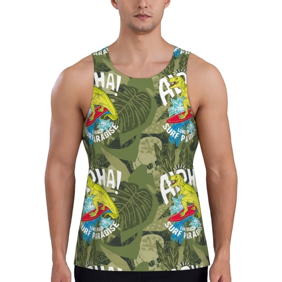 Easygdp Surfing Dinosaur Men's Tank Top, Sleeveless Muscle T Shirts, Breathable, Quick-Dry, Loose for Gym, Running, Fitness - Medium