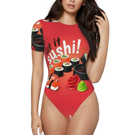Easygdp Sushi Women'S Waist-Cinching Short-Sleeved Onesie, Olastic Onesiet,Snaps At Bottom,Easy To Put On And Take Off - Large