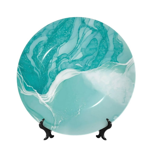 Easygdp Teal Turquoise 1 Bone China Decorative Plate Ceramic Dinner Plates Art Crafts with Display Stand-6in