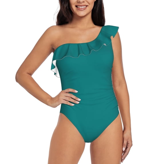Easygdp Teal Women's One Shoulder Ruffle Monokini Bathing Suits with Removable Chest Pad, Quick Drying - XX-Large