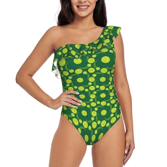 Easygdp Tennis Balls Women's One Shoulder Ruffle Monokini Bathing Suits with Removable Chest Pad, Quick Drying - Medium