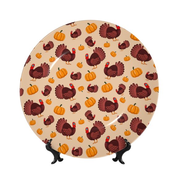 Easygdp Thanksgiving Turkey and Pumpkin Bone China Decorative Plate Ceramic Dinner Plates Art Crafts with Display Stand-7in