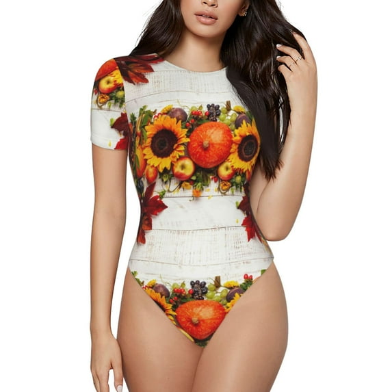 Easygdp Thanksgiving With Autumn Women'S Waist-Cinching Short-Sleeved Onesie, Olastic Onesiet,Snaps At Bottom,Easy To Put On And Take Off - Medium