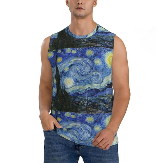 Easygdp The Starry Night Men's Breathable Tank Tops Sleeveless Sporty T Shirts for Basketball, Mountaineering, Bodybuilding -XX-Large