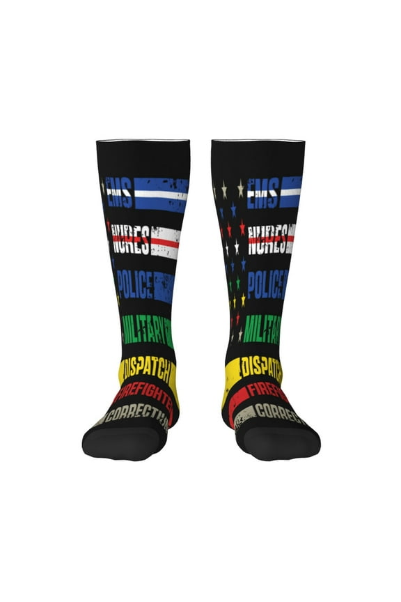Thin Green Line With USA Flag Sport Knee High Socks Soccer Socks Calf Compression Athletic Socks for Men and Women