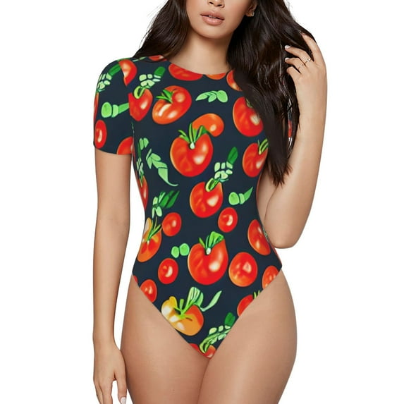 Easygdp Tomatoes Women'S Waist-Cinching Short-Sleeved Onesie, Olastic Onesiet,Snaps At Bottom,Easy To Put On And Take Off - Small