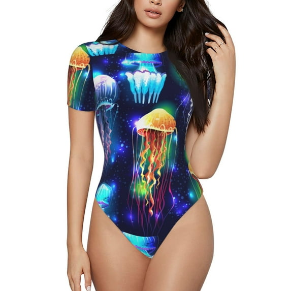 Easygdp Transparent Jellyfishes Women'S Waist-Cinching Short-Sleeved Onesie, Olastic Onesiet,Snaps At Bottom,Easy To Put On And Take Off - Small