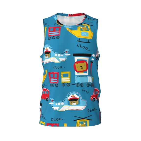 Easygdp Transportations With Cute Animals Men's Mesh Basketball Jersey Quick Drying Sleeveless Shirts Fitted Muscle Tank Tops Sport Round Neck T-Shirt - XX-Large