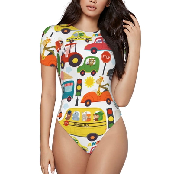 Easygdp Transports With Animals Women'S Waist-Cinching Short-Sleeved Onesie, Olastic Onesiet,Snaps At Bottom,Easy To Put On And Take Off - Medium