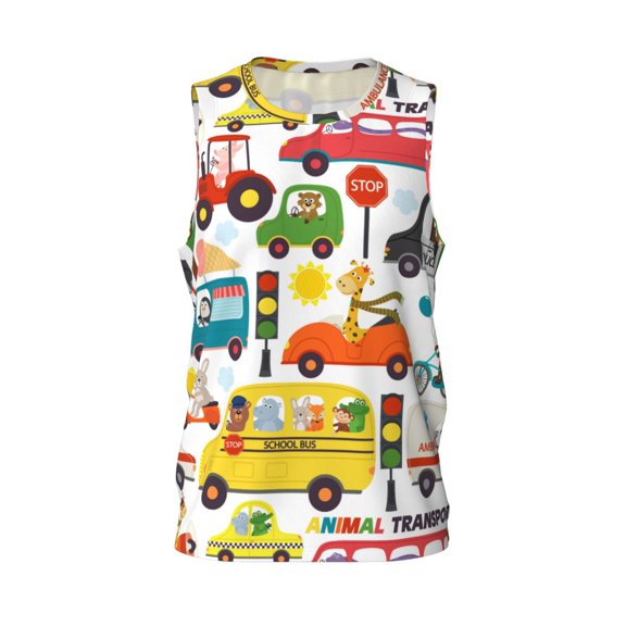 Easygdp Transports with Animals Men's Mesh Basketball Jersey Quick Drying Sleeveless Shirts Fitted Muscle Tank Tops Sport Round Neck T-Shirt - Medium