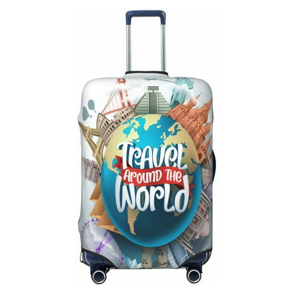 Easygdp Travel Around The World Double-Sided Printed Elastic Suitcase Protective Cover,Invisible Zipper, Business Trip Luggage Cases,Washable And Resistant To Falling -Large