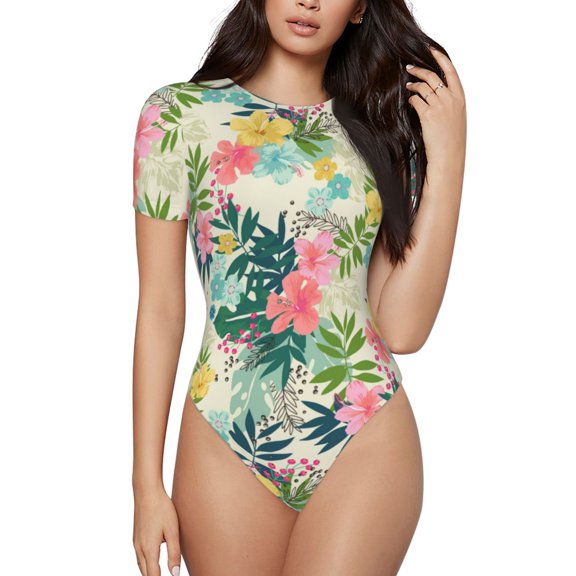 Easygdp Tropical Flowers Women's One-Piece Swimsuit Slim Fit Crew Neck Bodysuit Athletic Swimwear with Concealed Buckle - Small