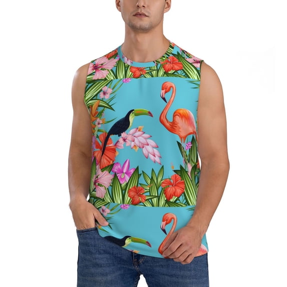 Easygdp Tropical Jungle Flamingo Men's Breathable Tank Tops Sleeveless Sporty T Shirts for Basketball, Mountaineering, Bodybuilding -X-Large