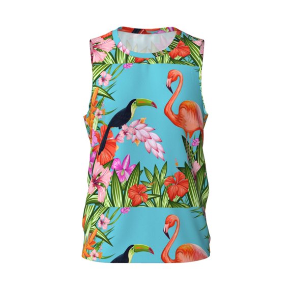 Easygdp Tropical Jungle Flamingo Men's Mesh Basketball Jersey Quick Drying Sleeveless Shirts Fitted Muscle Tank Tops Sport Round Neck T-Shirt - Medium