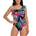 thumbnail image 1 of Easygdp Tropical Palm Leaves Women's One Shoulder Ruffle Monokini Bathing Suits with Removable Chest Pad, Quick Drying - Medium, 1 of 8