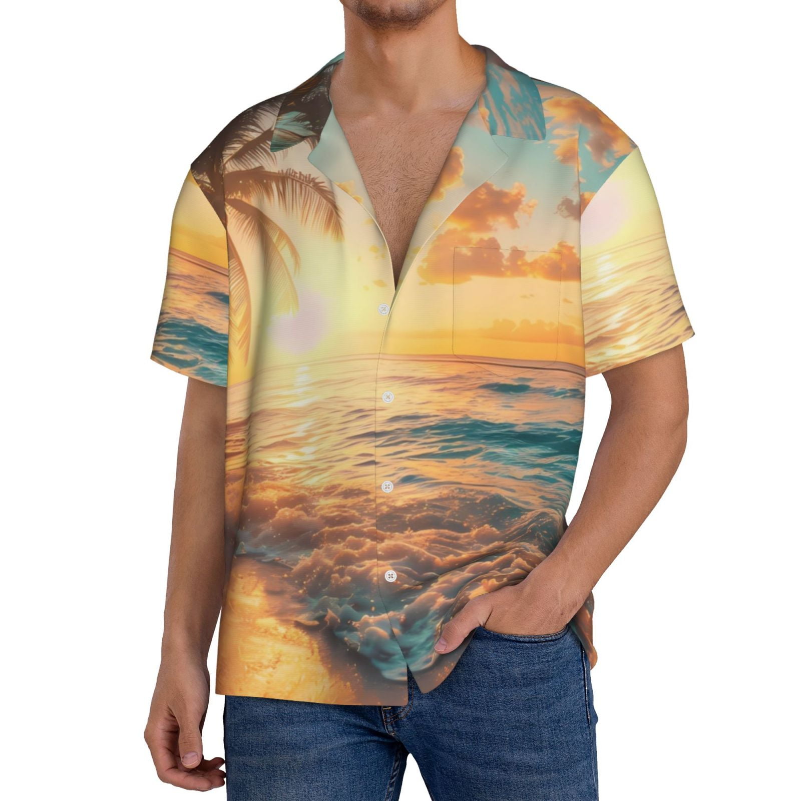 Easygdp Tropical Sunset Beach Scene Mens Short Sleeve Button Down,Cuban