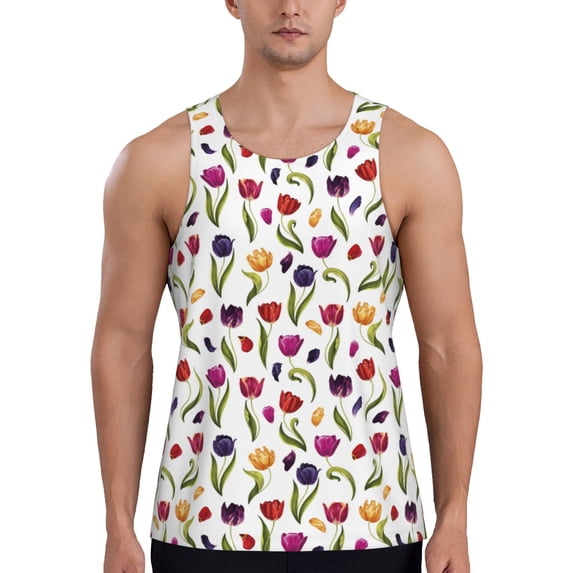 Easygdp Tulips Flowers Men's Tank Top, Sleeveless Muscle T Shirts, Breathable, Quick-Dry, Loose for Gym, Running, Fitness - Medium