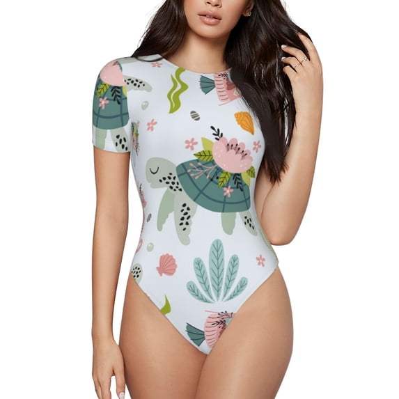 Easygdp Turtle And Sea Life Women'S Waist-Cinching Short-Sleeved Onesie, Olastic Onesiet,Snaps At Bottom,Easy To Put On And Take Off - Medium