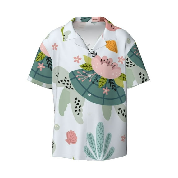 Easygdp Turtle and Sea Life Men's Casual Short-sleeved Shirt with Pocket and Button Suitable for Beach Vacation Leisure - X-Large