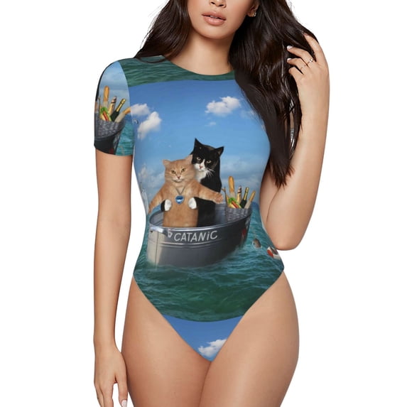 Easygdp Two Brave Cats Are Floating On The Sea Iceberg Women'S Waist-Cinching Short-Sleeved Onesie, Olastic Onesiet,Snaps At Bottom,Easy To Put On And Take Off - Small