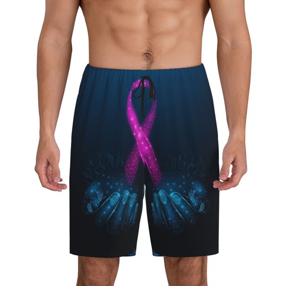 Easygdp Two Human Hands are Holds Pink Ribbon Awareness Men's Short Pajama Pants, Sleep Shorts, Household Pants, Casual Pants with Pockets - 4X-Large
