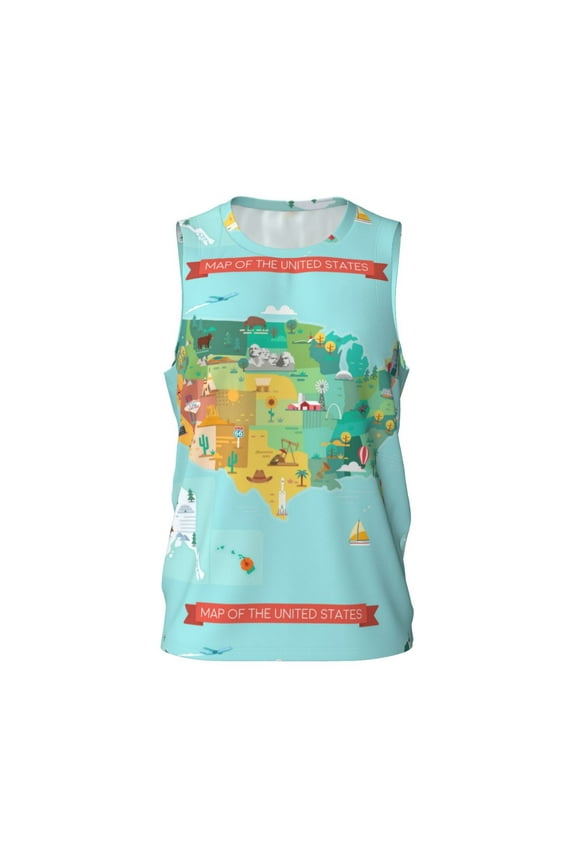 USA Tourist Map Men's Mesh Basketball Jersey Quick Drying Sleeveless Shirts Fitted Muscle Tank Tops Sport Round Neck T-Shirt - Large
