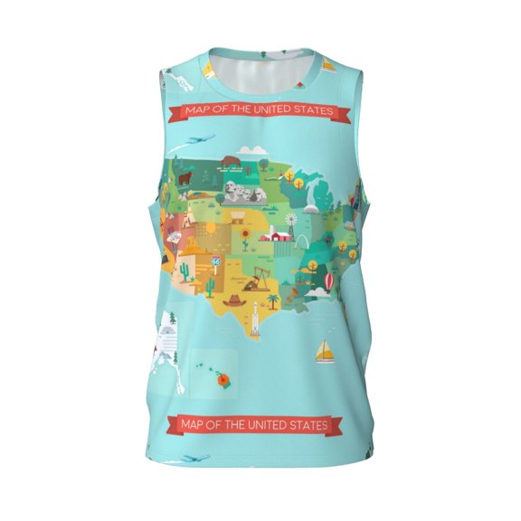 Easygdp USA Tourist Map Men's Mesh Basketball Jersey Quick Drying Sleeveless Shirts Fitted Muscle Tank Tops Sport Round Neck T-Shirt - Medium