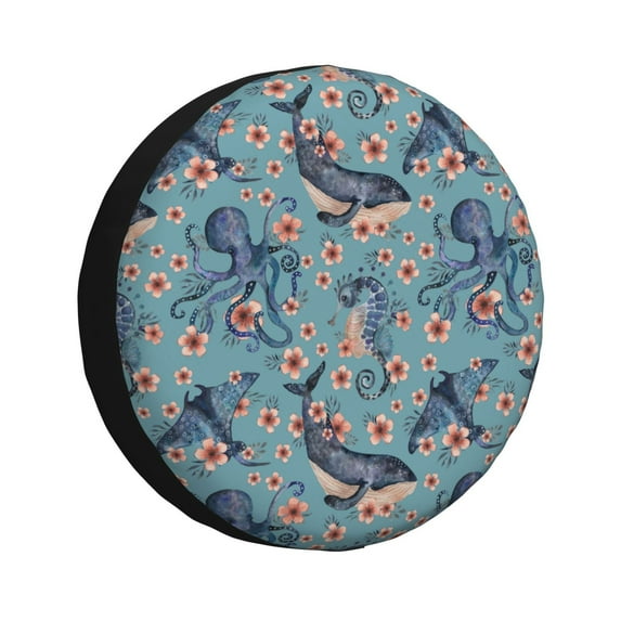 Easygdp Underwater Animals and Flowers Automobile Tire Dust Cover, 14-17in Spare Tire Cover Universal Fit for Trailer, Car, Truck, SUV, Jeep - 16 inch