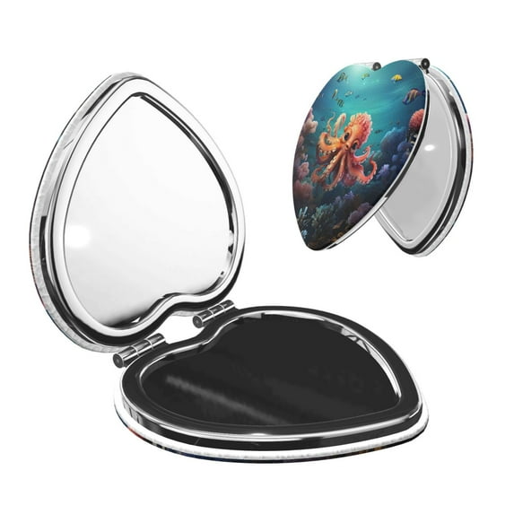 Easygdp Underwater Plant Octopus Travel Makeup Mirror, 2X Magnifying Mirror 2-Sided Travel Essential Mirror, Magnetic Portable Mirror-Heart Shape
