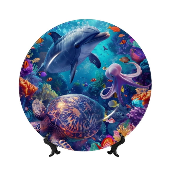 Easygdp Underwater Turtle Dolphin Octopus Bone China Decorative Plate Ceramic Dinner Plates Art Crafts with Display Stand-6in