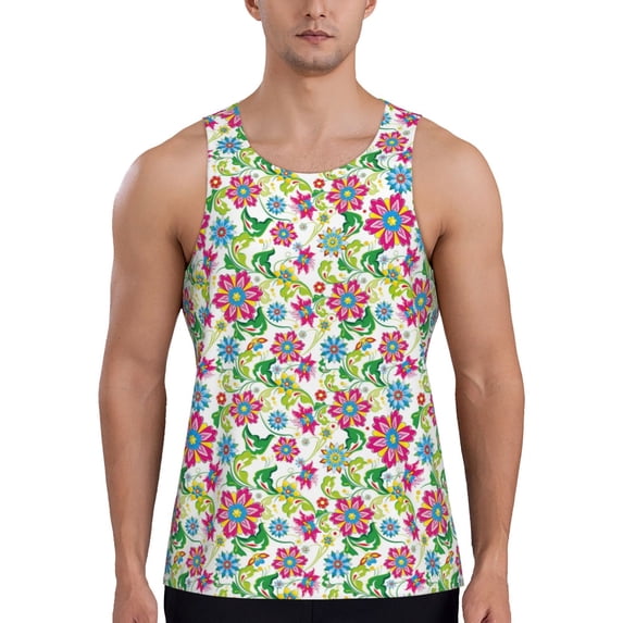 Easygdp Vector Mexican Otomi Style Bright Men's Tank Top, Sleeveless Muscle T Shirts, Breathable, Quick-Dry, Loose for Gym, Running, Fitness - X-Large