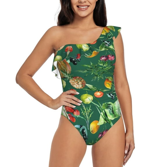 Easygdp Vegan Women's One Shoulder Ruffle Monokini Bathing Suits with Removable Chest Pad, Quick Drying - Large