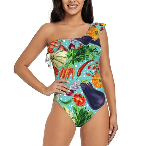 Easygdp Vegetable Women's One Shoulder Ruffle Monokini Bathing Suits with Removable Chest Pad, Quick Drying - Medium