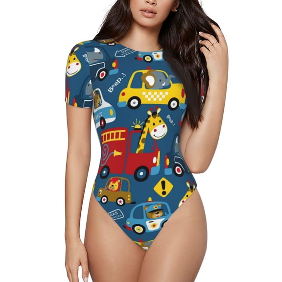 Easygdp Vehicles Cartoon with Funny Drivers Women's One-Piece Swimsuit Slim Fit Crew Neck Bodysuit Athletic Swimwear with Concealed Buckle - X-Large