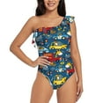 thumbnail image 1 of Easygdp Vehicles Cartoon with Funny Drivers Women's One Shoulder Ruffle Monokini Bathing Suits with Removable Chest Pad, Quick Drying - Small, 1 of 8