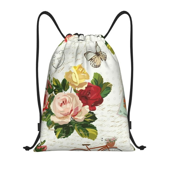 Easygdp Vintage Bike Flower Butterfly Drawstring Backpack, Beach Sackpack, Travel Sackpack Lightweight for Sports, Gym, Travel, Swimming - Small