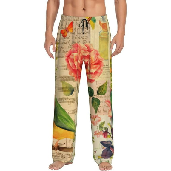 Easygdp Vintage Bird Men's Pajama Pant, Sleep Elastic Waistband Lounge Pants - Small