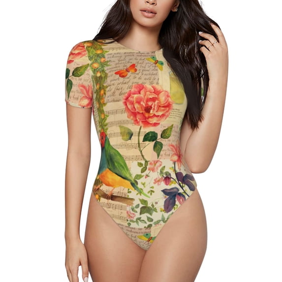 Easygdp Vintage Bird Women's One-Piece Swimsuit Slim Fit Crew Neck Bodysuit Athletic Swimwear with Concealed Buckle - Large