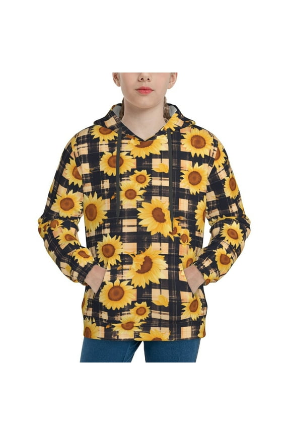 Vintage Black White Plaid Sunflowe Boys Hoodie Kids Sweatshirt Youth Pullover With Hood-Small