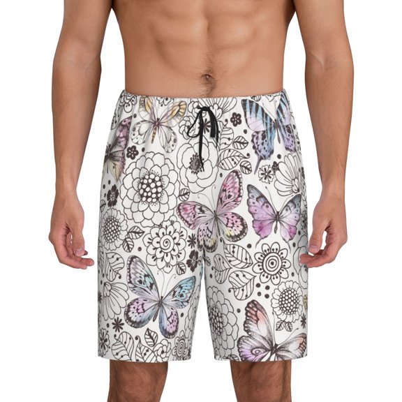 Easygdp Vintage Butterflies Men's Short Pajama Pants, Sleep Shorts, Household Pants, Casual Pants with Pockets - Medium