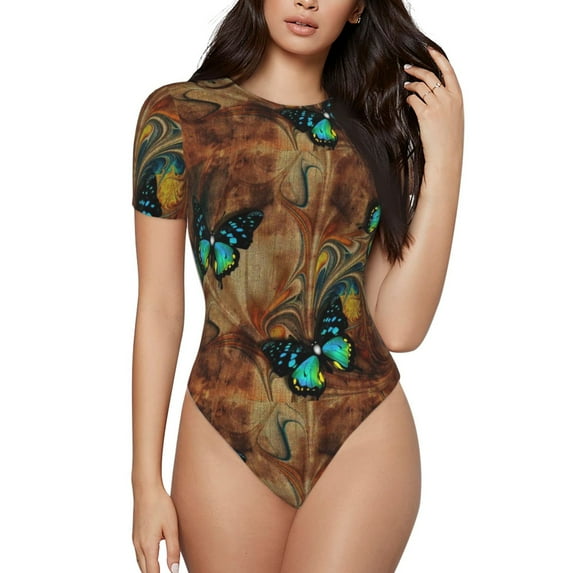 Easygdp Vintage Butterfly Green Women's One-Piece Swimsuit Slim Fit Crew Neck Bodysuit Athletic Swimwear with Concealed Buckle - XX-Large