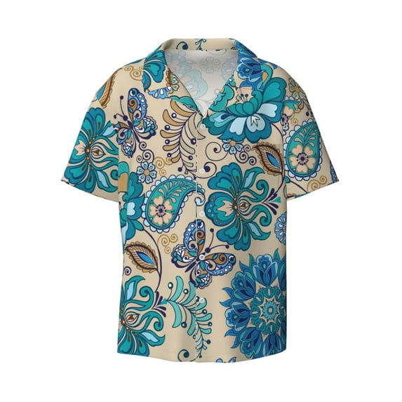 Easygdp Vintage Floral Butterflies Men's Casual Short-sleeved Shirt with Pocket and Button Suitable for Beach Vacation Leisure - 4X-Large