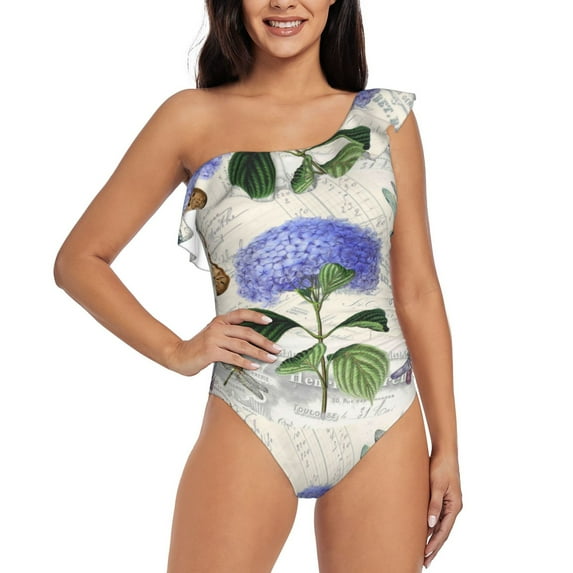 Easygdp Vintage Flower Women's One Shoulder Ruffle Monokini Bathing Suits with Removable Chest Pad, Quick Drying - X-Large