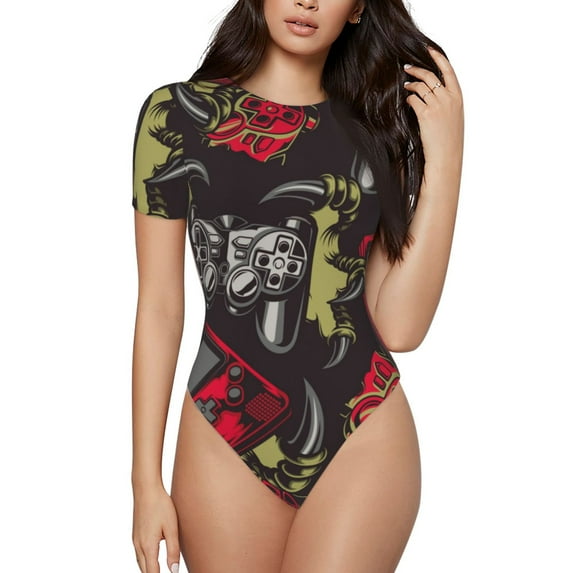 Easygdp Vintage Gaming Women's One-Piece Swimsuit Slim Fit Crew Neck Bodysuit Athletic Swimwear with Concealed Buckle - XX-Large