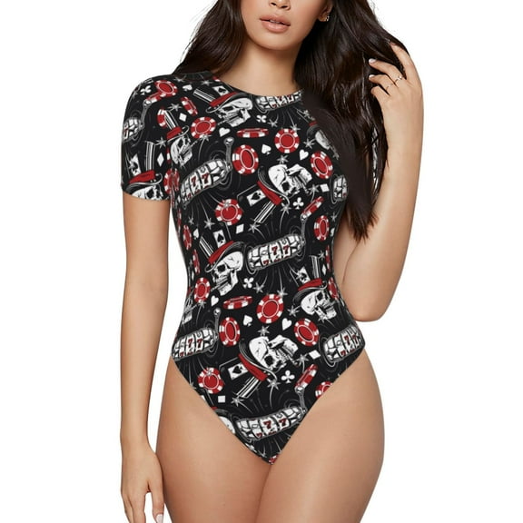 Easygdp Vintage Skull Casino Women's One-Piece Swimsuit Slim Fit Crew Neck Bodysuit Athletic Swimwear with Concealed Buckle - X-Large
